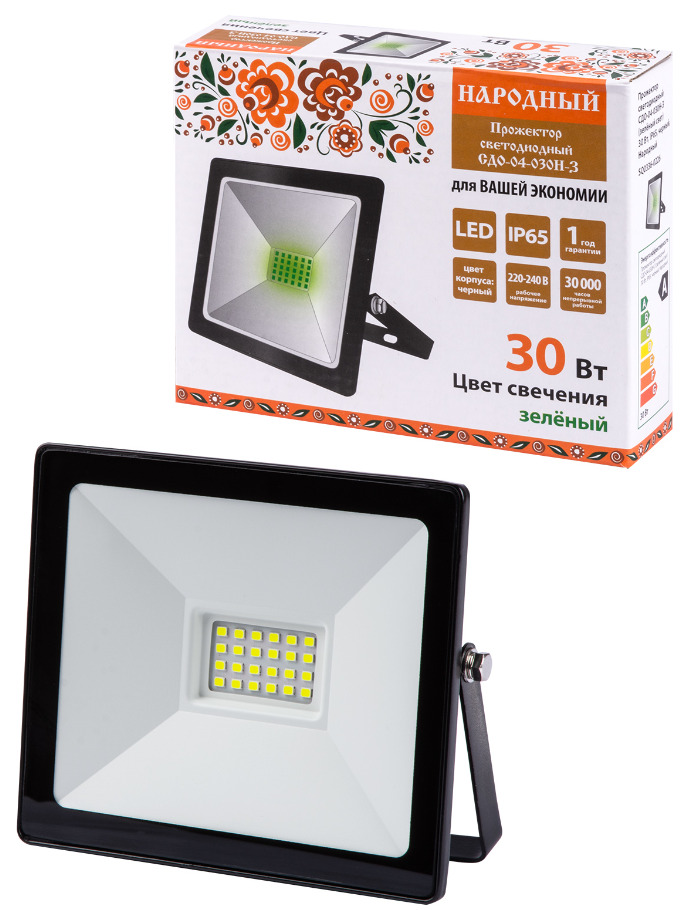 Прожектор светодиодный СДО-04-030Н-З (зелёный свет) 30 Вт, IP65, черный, Народный