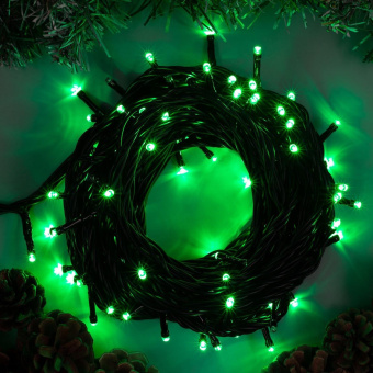 Гирлянда «Нить» 10 м, IP44, УМС, тёмная нить, 100 LED, свечение зелёное, 220 В