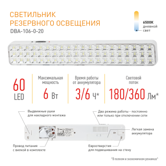 Светильник светодиодный DBA-106-0-20 60LED 3ч IP20 аварийный постоянный/непостоянный Эра